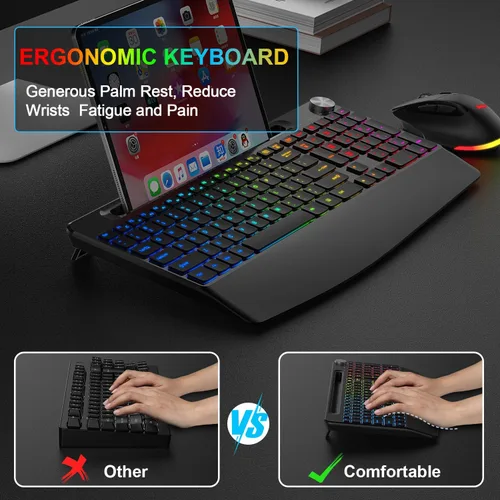 Vista 3 de BlueFinger Combo de teclado y mouse inalámbricos retroiluminados, teclado ergonómico recargable de 2.4 G con reposamuñecas, soporte para teléfono