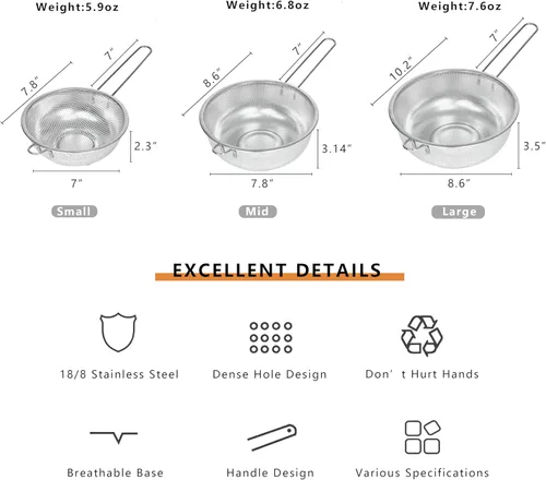 Vista 3 de Colador de malla fina de metal y colador para cocina con asa, colador de pasta de acero inoxidable/embudo de cocina/colador/colador para colar/lavar