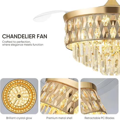 Vista 8 de Ventilador de techo de 52 pulgadas con luz, ventilador de araña, dorado K9 crystal, dimmable 3CCT LED, 6-speed quiet DC motor, memory and timer