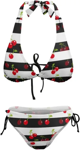 Vista 5 de Traje de baño de dos piezas para mujer, lindo traje de baño de bikini triangular con lazo de cereza