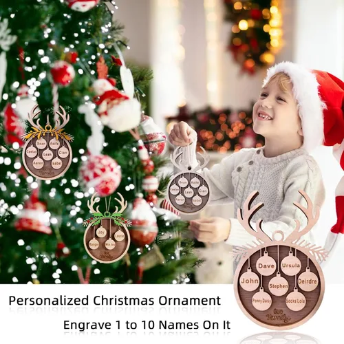 Vista 6 de Adorno de Navidad personalizado, adornos de Navidad de madera personalizados, iniciales de nombre grabadas, adorno de recuerdo colgante de árbol