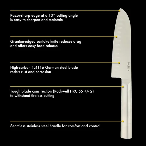 Vista 3 de Babish - Cuchillo Santoku de 6.5 pulgadas - Cuchillo de cocina alemán de acero de alto carbono 1.4116, hoja de espiga completa y afilada como una