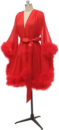 Vista 3 de Changuan Bata de novia de plumas sexy bufanda de boda ilusión camisón bata de baño transparente ropa de dormir