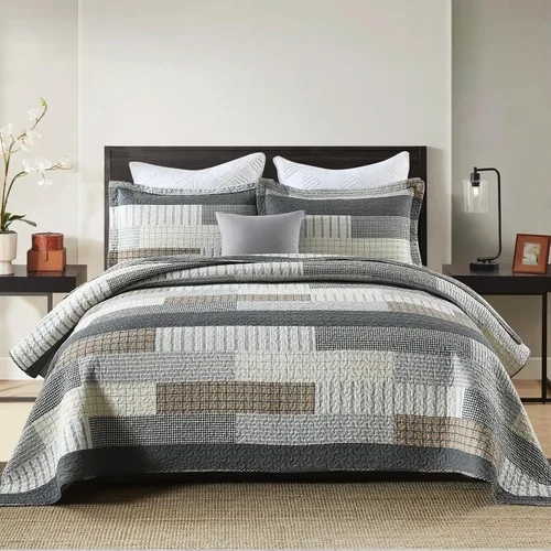 Vista 8 de Finlonte Edredón tamaño King, 100 % algodón, juegos de colcha tamaño King, colchas a cuadros azules, beige y blancas, ligeras, suaves