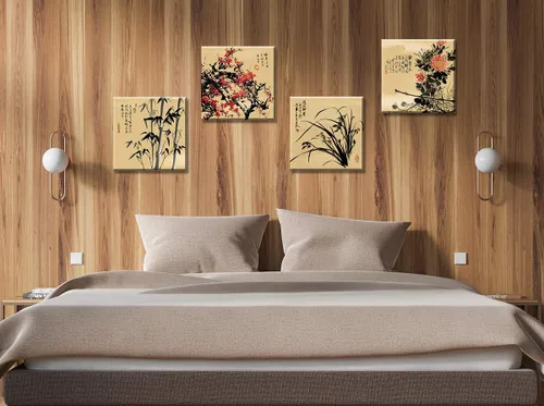 Vista 6 de JiazuGo Decoración asiática, pintura china, arte de pared oriental rojo ciruelo flor lienzo cuadros para dormitorio, decoración estética de pared