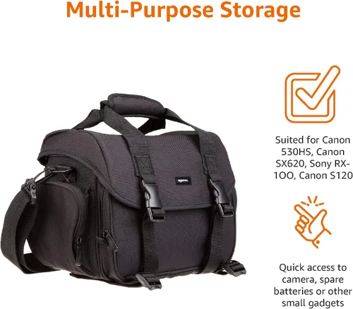 Vista 9 de Amazon Basics Bolsa grande para dispositivos DSLR, negra con interior gris