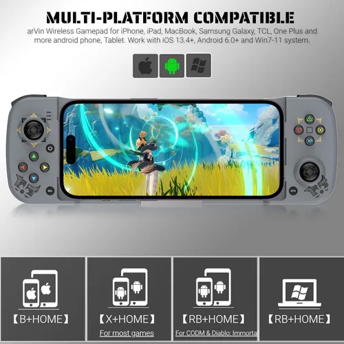 Vista 2 de arVin Bluetooth 5.0 Wireless Gaming Controller for iPhoneiPadiOSAndroidSamsungPC Gamepad Joystick with Back Button, Analog Triggers, Stretchable, 18