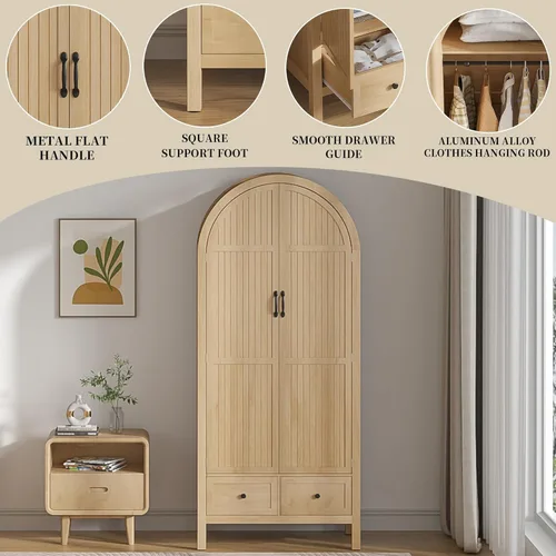 Vista 3 de Lxsxlome Armario moderno con cajones y 2 puertas arqueadas acanaladas, 70.87 pulgadas de alto, armarios de madera con estantes y barra para colgar
