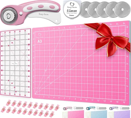 Vista 16 de Juego de cortador giratorio - Kit de acolchado incl. Cortador de tela de 45 mm, 5 cuchillas de repuesto - Ideal para manualidades, costura, parcheo