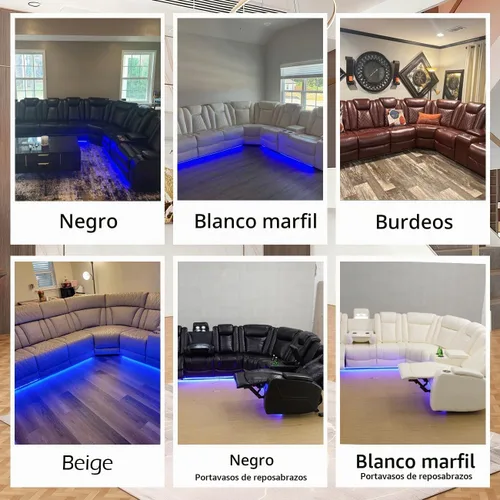 Vista 6 de Juego de sofá modular reclinable eléctrico para sala de estar, juego de sofá reclinable de cuero con luces LED / almacenamiento oculto, sofá
