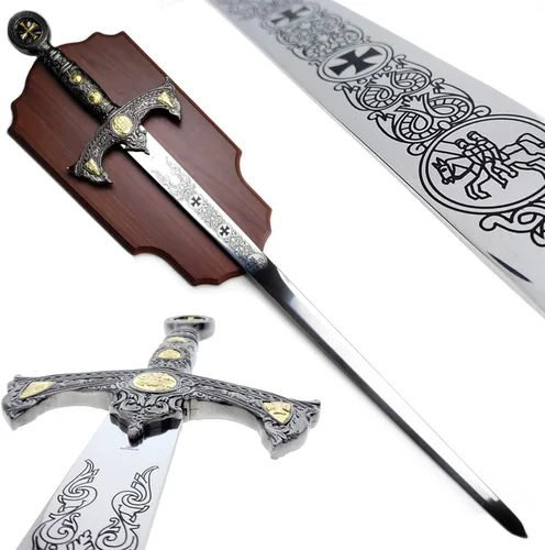 Vista 7 de Espada medieval cruzada de 45 pulgadas con placa de exhibición de pared. para decoración de pared, colección, cosplay Plateado