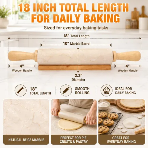 Vista 3 de Creative Home Rodillo de mármol de 18 pulgadas con asas de madera y cuna, se mantiene fresco de forma natural, piedra duradera para un control