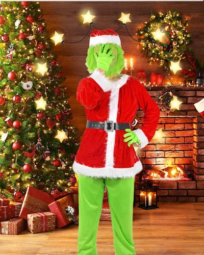 Vista 3 de OGETFUUR Disfraz de monstruo verde para adultos, disfraz de Papá Noel para mujeres y hombres, disfraces de Halloween para adultos