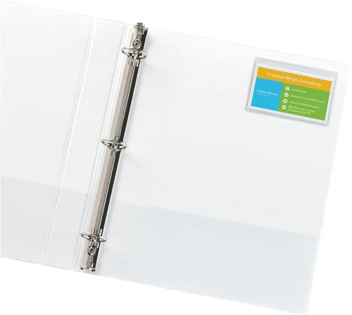 Vista 8 de Avery Portatarjetas autoadhesivos transparentes, carga superior, capacidad para tarjetas de 3.5 x 2 pulgadas, paquete de 10 (73720)
