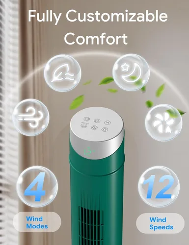 Vista 34 de ZAFRO Ventilador de torre inteligente para dormitorio, ventilador de torre oscilante de 120°, 28 pies/s de alta velocidad, 12 velocidades, 4 modos