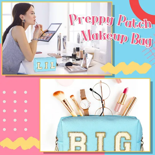 Vista 7 de Hillban 2 piezas Big Little Sorority Gifts Preppy Bolsa de cosméticos de piel sintética con parche de letras, bolsa de maquillaje portátil con bolsa