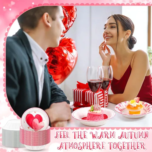 Vista 7 de Sliner 50 cuencos de papel desechables de 16 onzas para el día de San Valentín, 2 estilos, cuenco de sopa compostable con corazón rosa, recuerdo