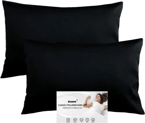Vista 13 de Juego de 2 fundas de almohada negras de tamaño Queen estándar, fundas de almohada de algodón suave con cierre de sobre, resistentes al encogimiento