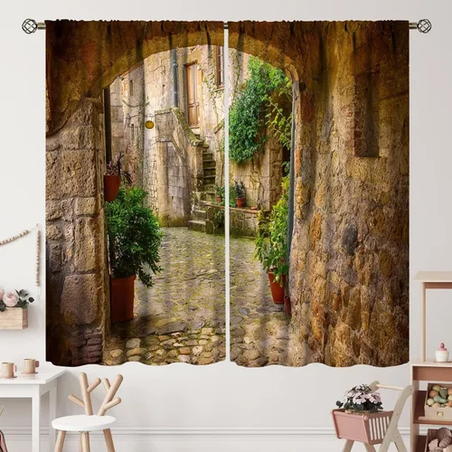 Vista 17 de Cortinas italianas, patio antiguo, sillas de café de Italia, casas históricas en la calle, sala de estar, dormitorio, cortinas opacas con bolsillo