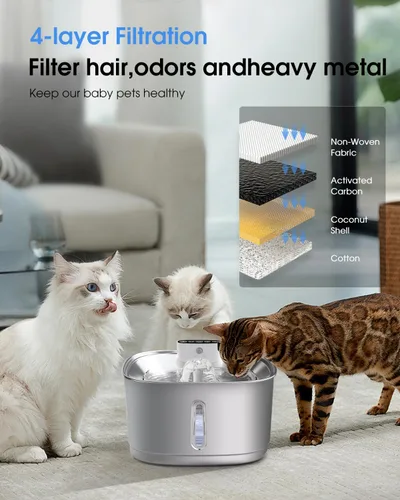 Vista 3 de Fuente de agua inalámbrica para gatos de acero inoxidable, fuente de agua inteligente para mascotas, 3.2L/108 onzas con filtros y 2 cabezales