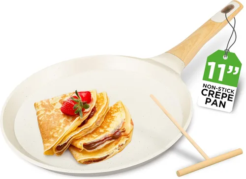 Vista 12 de NutriChef - Sartén para crepes de 24 cm (9.45 pulgadas) antiadherente con esparcidora de madera, sartén Dosa de mármol recubierto duradero, mango