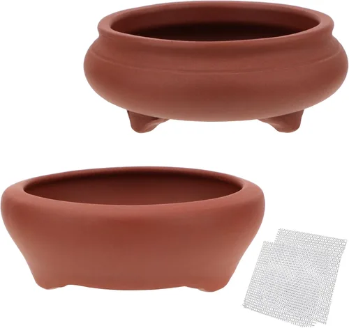 Vista 8 de Juego de 2 macetas para suculentas de cerámica redonda sin esmaltar de 3.7 pulgadas + 3.9 pulgadas para bonsái Marrón