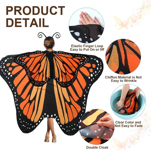 Vista 4 de 2 piezas de disfraz de mariposa de Halloween con alas de mariposa de doble capa con diadema para mujeres y niñas