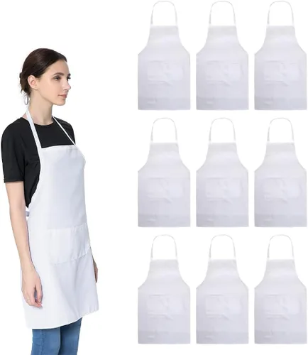 Vista 9 de Delantales azules a granel para mujeres y niñas con 2 bolsillos, delantales de cocina de restaurante de chef, delantales lisos, para artistas
