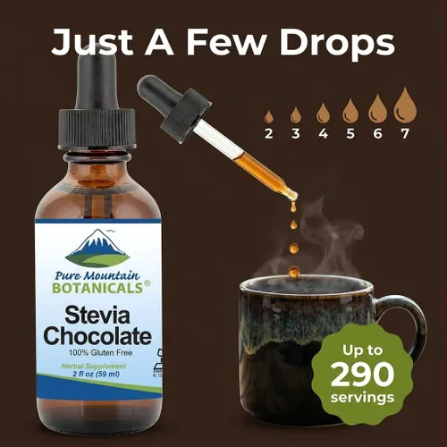 Vista 6 de Gotas líquidas de estevia de chocolate saborizadas con chocolate negro dulce natural, sin alcohol y kosher, botella de vidrio de 2 onzas