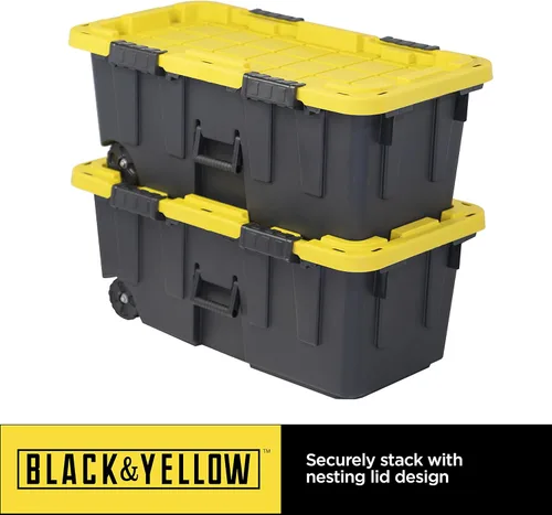 Vista 7 de Caja resistente negro y amarillo, 20 galones con ruedas, interior/exterior, resistente (paquete de 2)