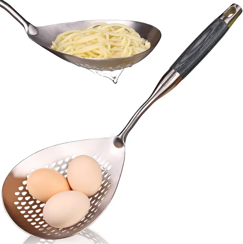 Vista 19 de Skimmer - Cuchara ranurada de acero inoxidable 304 de 16.5 pulgadas para pasta y araña, cuchara para cocinar y freír, cuchara coladora de metal