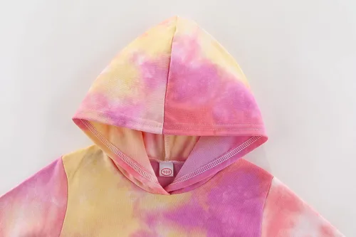 Vista 3 de BOMDEALS Conjunto de 2 piezas de ropa de teñido anudado casual con capucha de manga larga para niñas pequeñas