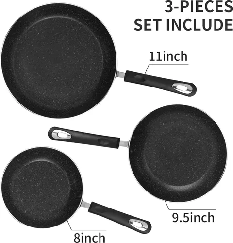 Vista 3 de Juego de sartén antiadherente, 3 piezas, compatible con inducción, 8 pulgadas, 9.5 pulgadas y 11 pulgadas