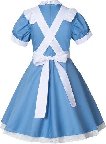 Vista 4 de Wannsee Juego de 6 piezas de delantal de sirvienta francesa de Lolita para disfraz de cosplay y guantes para la cabeza (azul, talla grande 5XL)