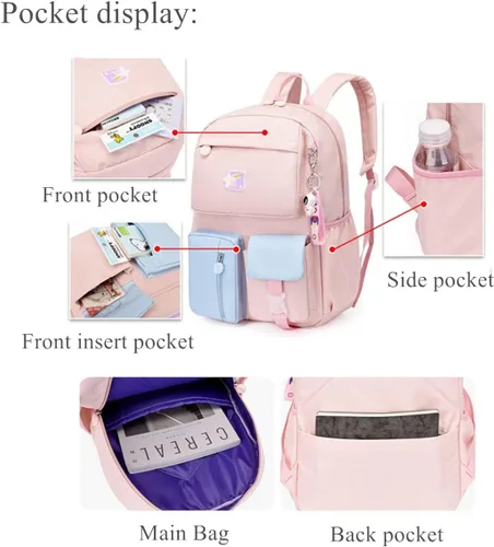 Vista 4 de EKUIZAI Kawaii Colorido Casual Niñas Mochila Escuela Primaria Mochila Dulce y Linda Mochila Infantil con Encanto, Púrpura, Classic