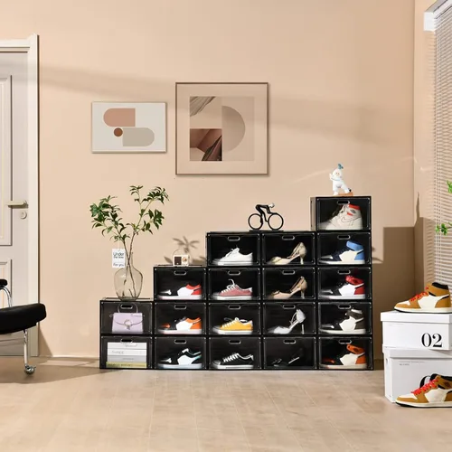 Vista 6 de Amllas Paquete de 8 cajas de zapatos de plástico negro apilables, organizador de almacenamiento de zapatos grande, contenedores de zapatos