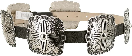 Vista 2 de Angel Ranch Cinturón de cuero en relieve floral negro para mujer con conchos cuadrados de tono plateado antiguo, hebilla extraíble
