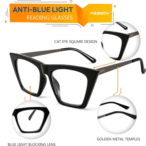 Vista 6 de FEISEDY Gafas cuadradas de lectura de ojo de gato con bloqueo de luz azul para mujer, lector de ojo de gato a la moda B4121