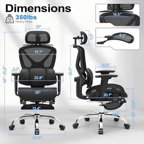 Vista 2 de Freepub Silla de oficina ergonómica de malla, silla de escritorio para el hogar, cómoda con soporte lumbar ajustable, reposacabezas y reposabrazos