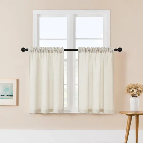 Vista 20 de Cortinas de cocina de lino semitransparente beige de 24 pulgadas de largo, 2 paneles Cream, Cafe Short Curtains, for Bathroom Small Windows, Light
