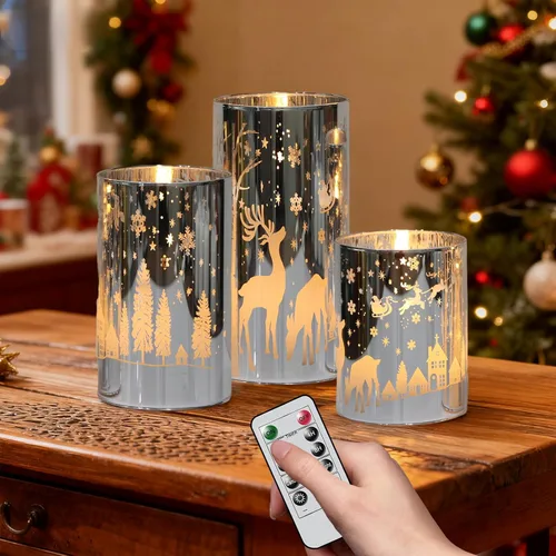 Vista 16 de Velas de Cristal sin Llama de Árbol de Navidad con Control Remoto Temporizador Operadas con Batería Cera Real Mecha 3D LED Parpadeantes Velas