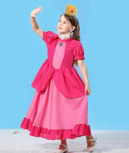 Vista 4 de Luzlen Princess Peach Costume for Girls Kids Toddler Princess Peach Cosplay Dress With Accessories Halloween Birthday Outfits