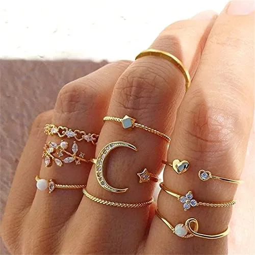 Vista 2 de INENIMARTJ Anillos apilables de nudillos bohemios para adolescentes, para mujer, múltiples anillos apilables de perlas de diamantes de imitación