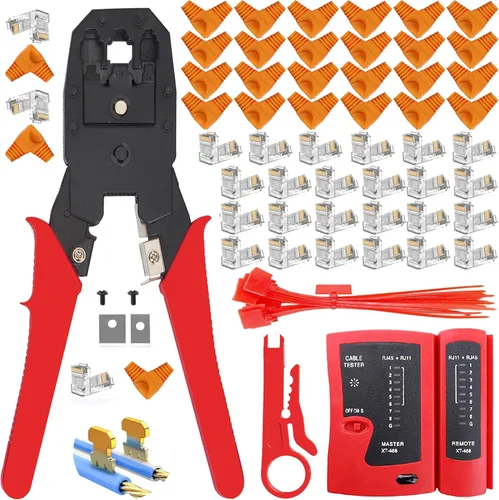 Vista 8 de LEATBUY - Herramienta de crimpado CAT5 CAT6, kit de herramienta de crimpado RJ45, 50 conectores LAN Ethernet de paso RJ45, 50 cubiertas, probador