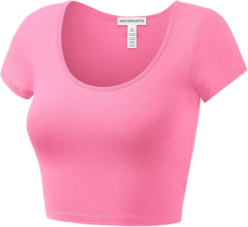 Vista 2 de Camiseta ombliguera básica de algodón con cuello redondo y manga corta para mujer