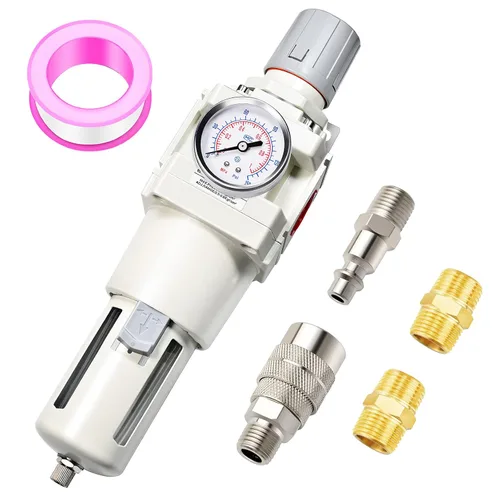 Vista 14 de TAILONZ PNEUMATIC Regulador de presión de filtro de aire de drenaje automático NPT de 1/2 pulgada Combo Piggyback, filtro compresor de herramienta