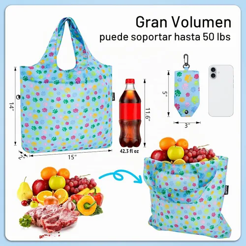 Vista 3 de HOLYLUCK Bolsas de comestibles reutilizables, bolsa de compras plegable resistente (estándar, 3 huellas de patas de perro azules)