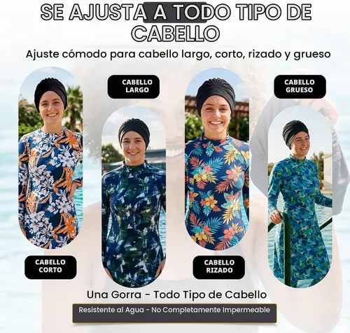 Vista 10 de BEEMO Gorros de natación para mujer, turbante de natación, de poliéster, con forro de látex, plisado para mujer Negro