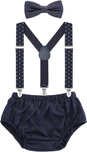 Vista 10 de AWAYTR Conjunto de bombones para bebé niño con tirantes y pajarita para fiesta de primer cumpleaños Beige