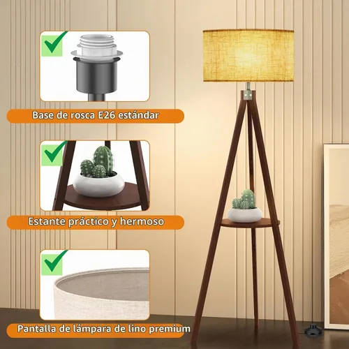Vista 3 de LEPOWER Lámpara de pie con trípode, lámpara de pie de madera de mediados de siglo, lámpara de pie con diseño moderno y estante para sala de estar